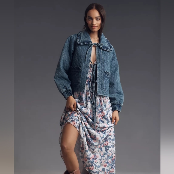 AVEC LES FILLES Anthropologie Maura Quilted Bow Tie Denim Jacket Extra Large - Picture 2 of 9